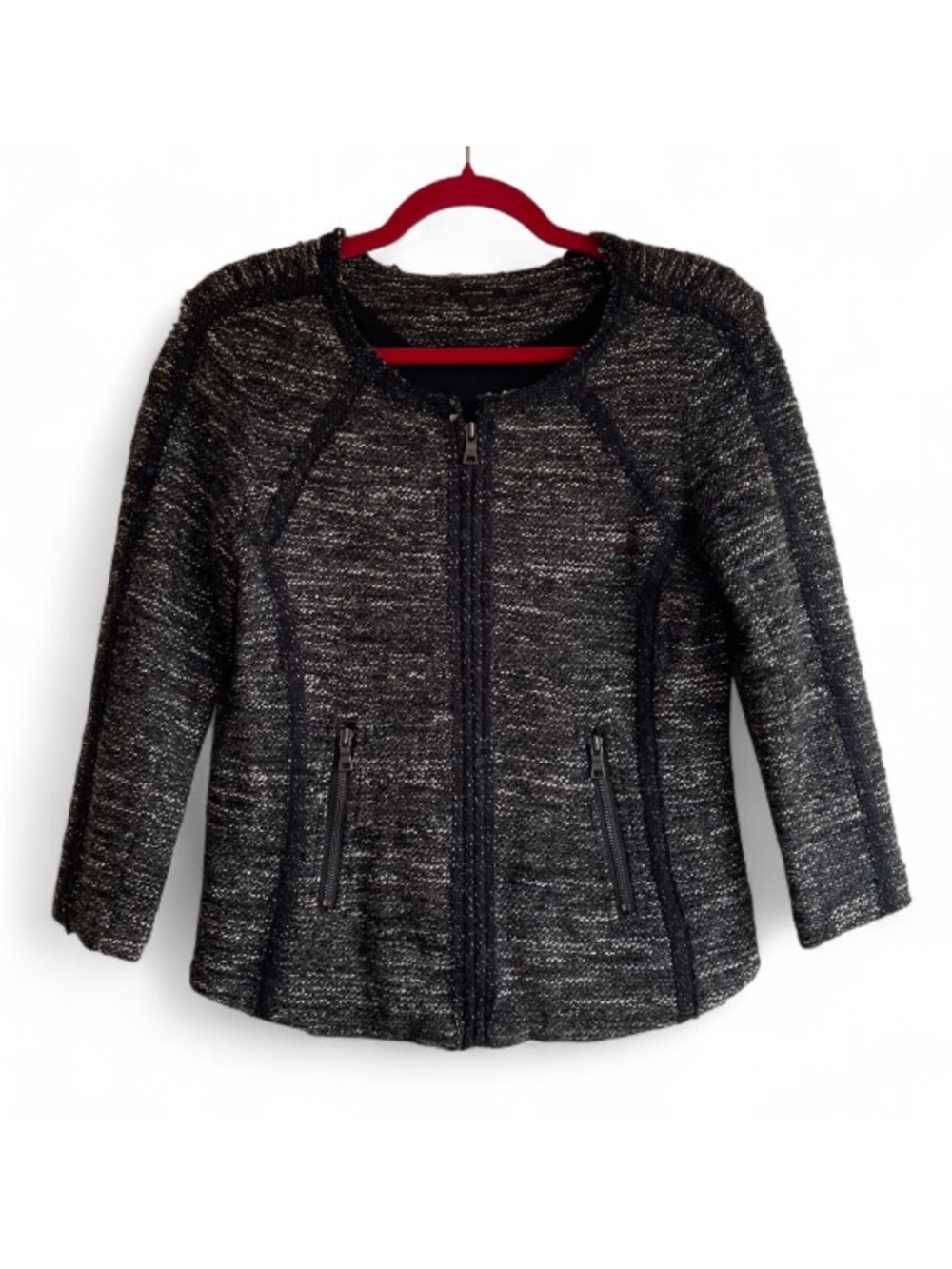 Ann Taylor Black Boucle Tweed Zip Front Structured Jacket Size S